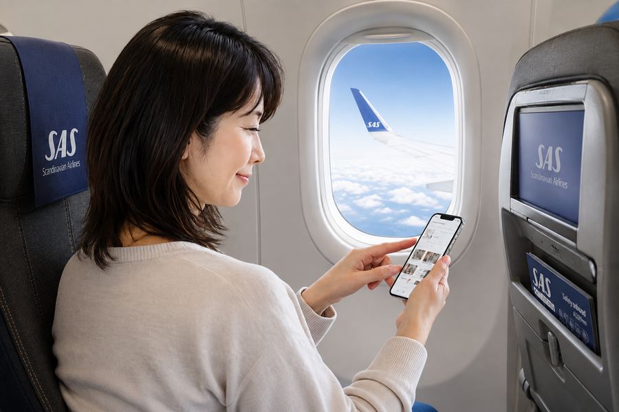 利用シーンの写真14（機内でスマートフォンを楽しむ女性）